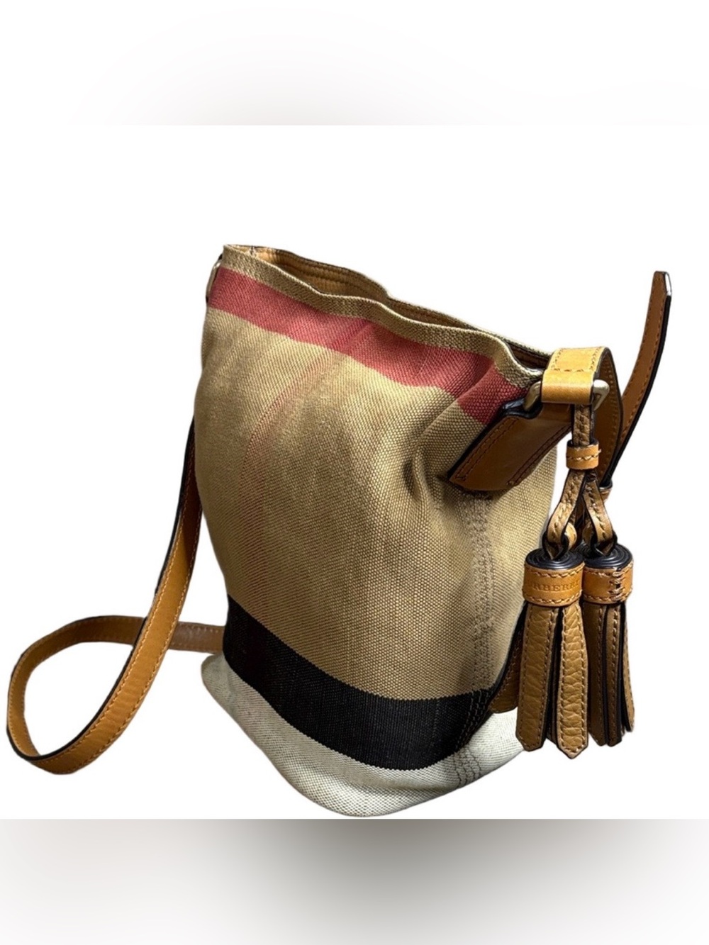 Burberry Ashby House Check Canvas Bucket Crossbody Leather Trim and Tassel - Picture 2 of 15